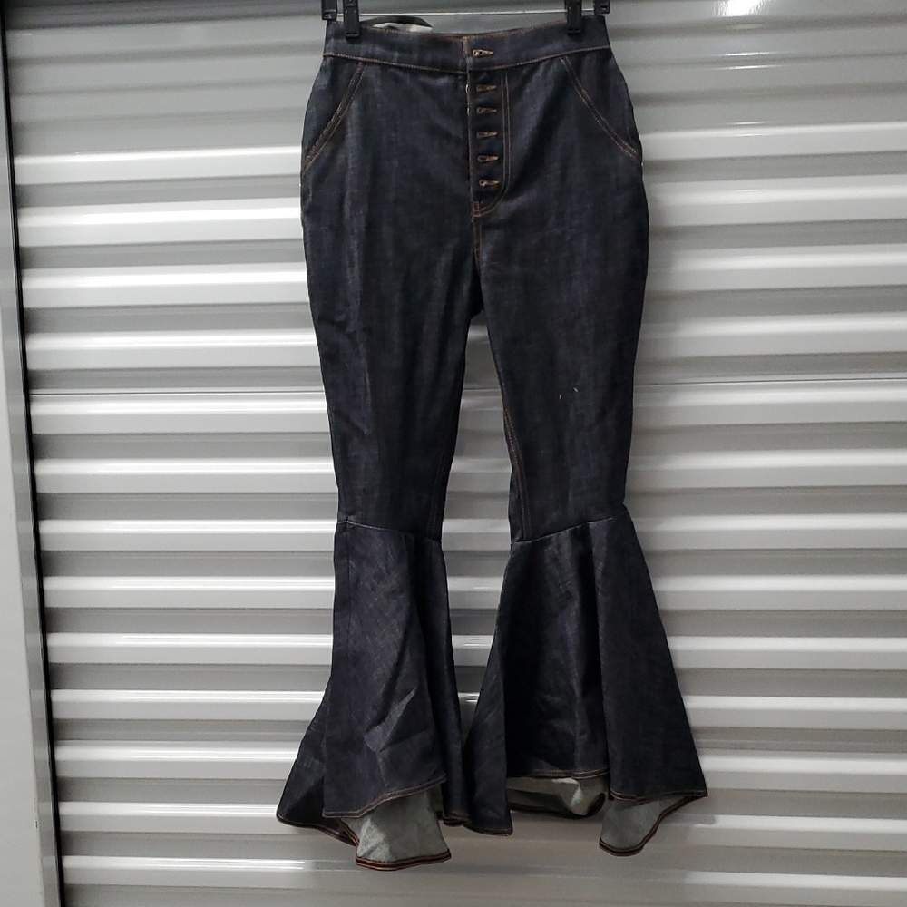 Ellery Dark Blue Flared Pants with Button Accents